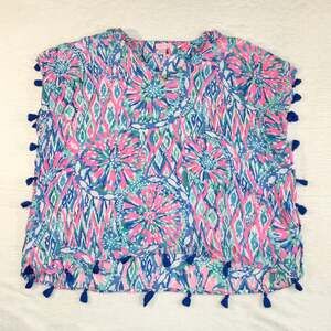 Lilly Pulitzer Tiki Pink Shake It Up Marina Pom Pom Tassel Poncho Top L/XL